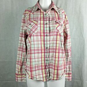 Lamasini Shirt Womens Sz XL White Pink Plaid Cotton Western Pearl Snap Button Up